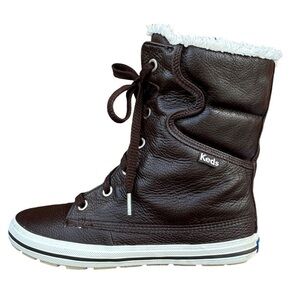 Leather Lace up Boots Sneakers High-top Size 7.5 Faux Fur Lining Keds